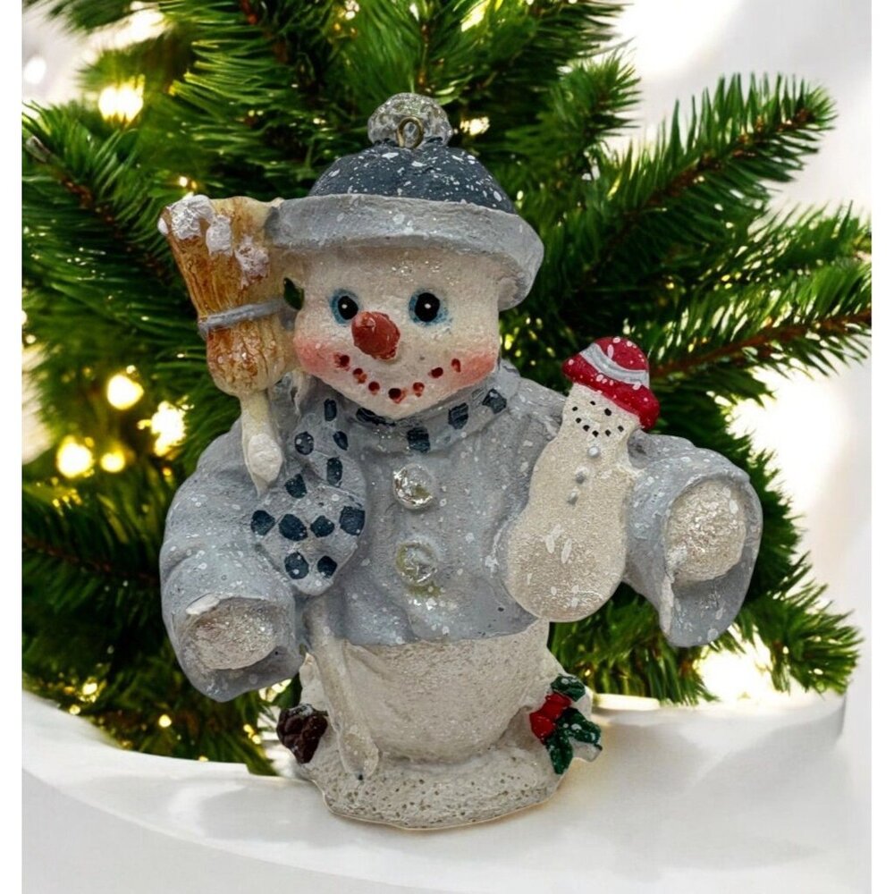 Vintage Snowman Christmas Tree Ornament Blue Coat Broom Glitter Accents